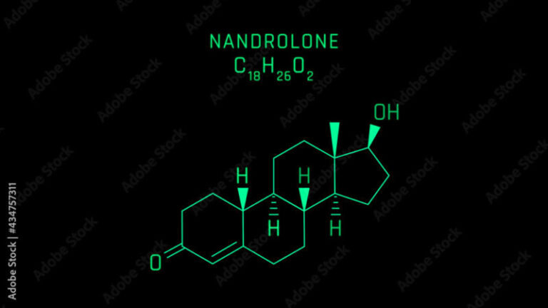 Nandrolone also known as 19 Nortestosterone Molecular Structure Symbol Neon on black background ...