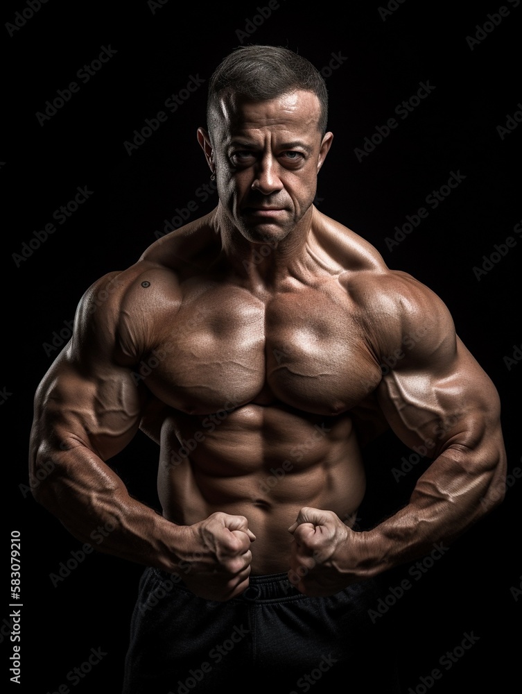 Sportlicher Bodybuilder mit kraftvoller und muskulöser Figur posiert ...