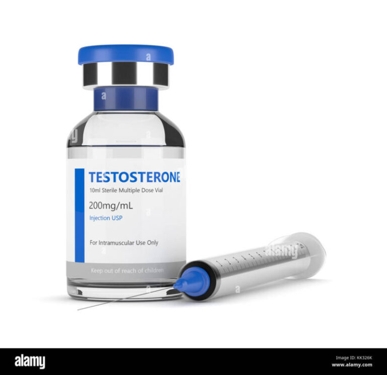 3D-Render von Testosteron Injektion Durchstechflasche mit Spritze auf weißem Hintergrund ...