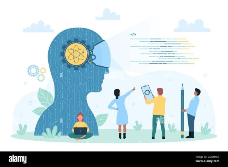 Artificial intelligence vector illustration. Cartoon tiny people work ...